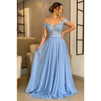 Vestido largo de noche formal con apliques y hombros descubiertos, corte en A 
