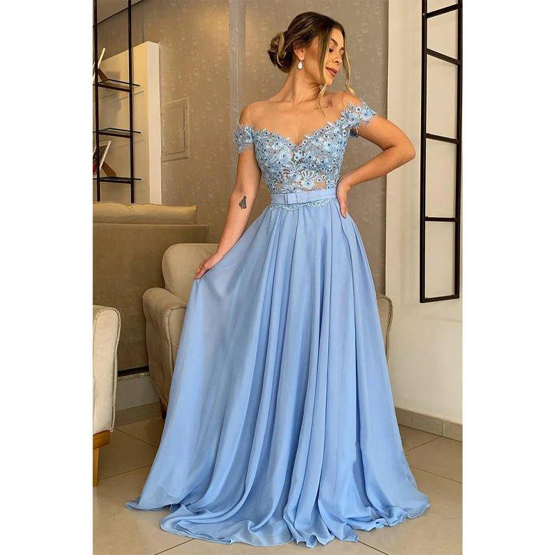 Vestido largo de noche formal con apliques y hombros descubiertos, corte en A 