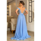 Vestido largo de noche formal con apliques y hombros descubiertos, corte en A 