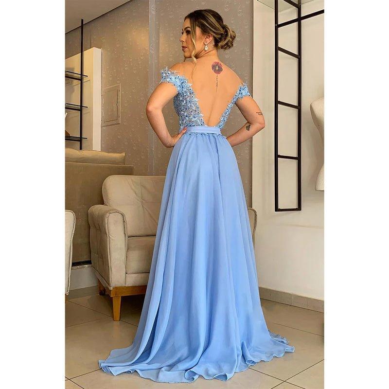 Vestido largo de noche formal con apliques y hombros descubiertos, corte en A 