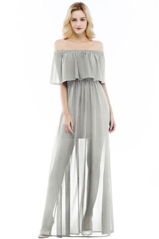 Vestidos de dama de honor negros de gasa hasta el suelo, corte en A y con hombros descubiertos