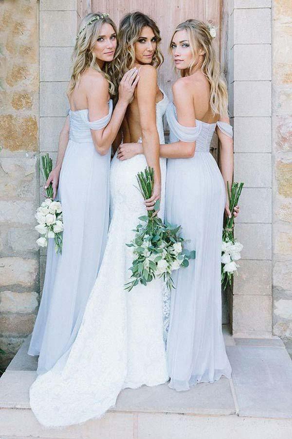 Vestido de dama de honor de gasa azul claro, corte en A, hombros descubiertos y largo hasta el suelo BD065