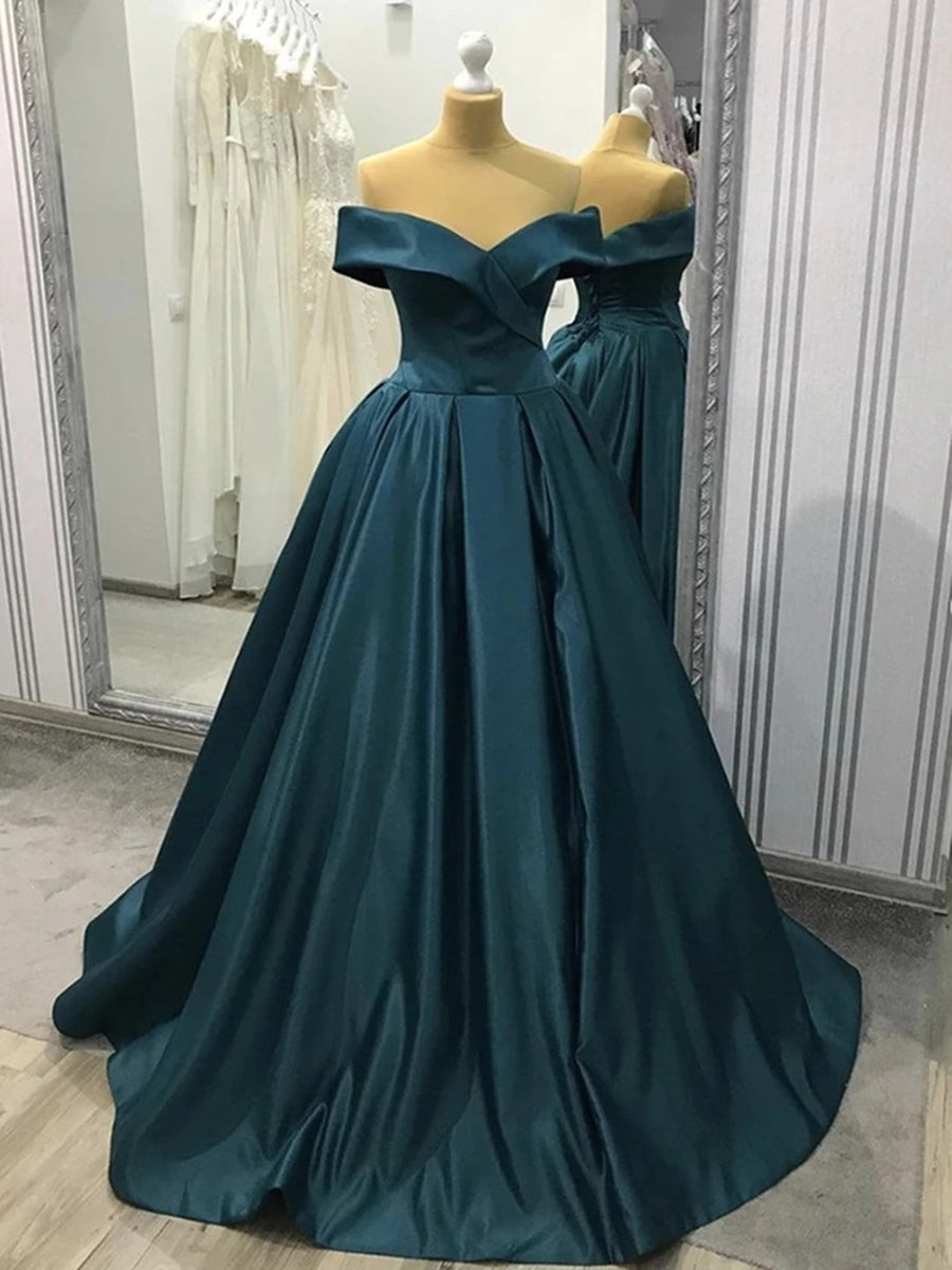 Vestidos largos de fiesta de satén con escote en A y hombros descubiertos