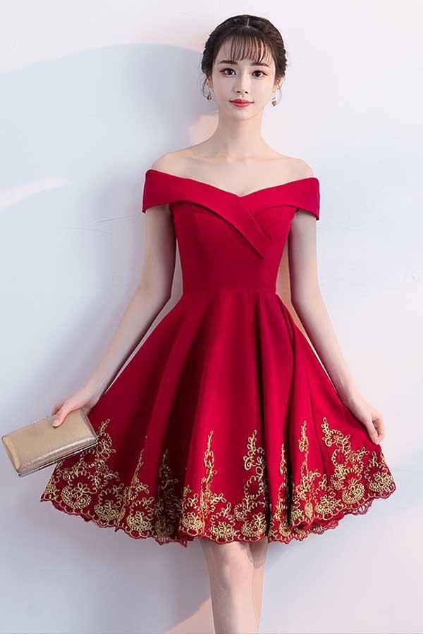Vestidos rojos de fiesta de bienvenida con escote en A y hombros descubiertos con apliques de encaje PD122