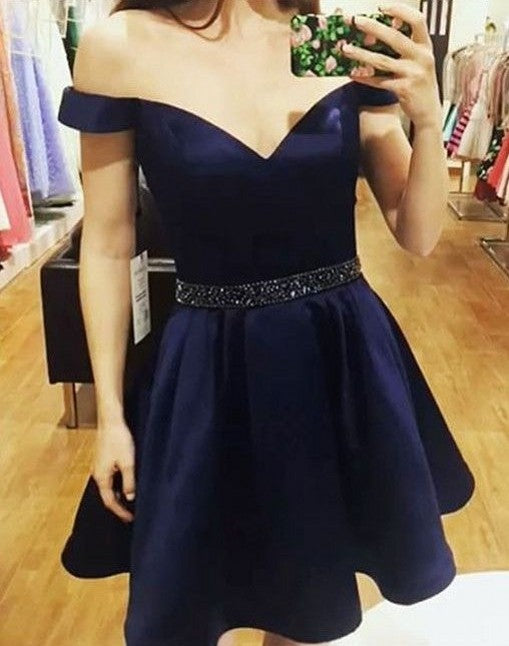 Vestidos cortos de fiesta de satén con escote en A, hombros descubiertos y bolsillos