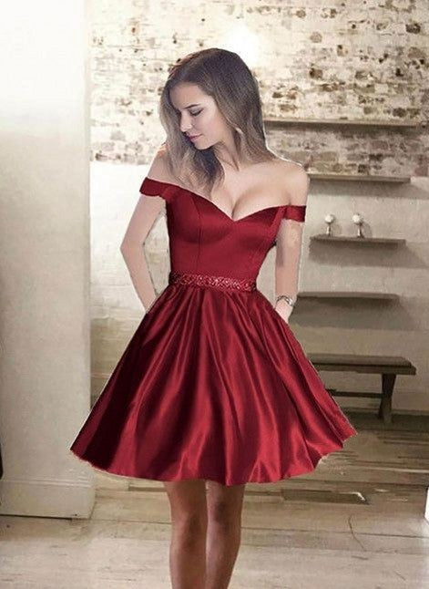 Vestidos cortos de fiesta de satén con escote en A, hombros descubiertos y bolsillos