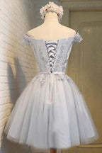 Robe de bal courte sans manches en tulle gris, coupe trapèze, épaules dénudées, PD139