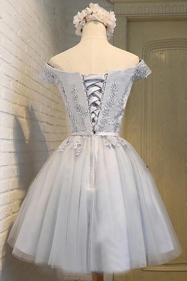 Vestido corto de tul gris sin mangas con hombros descubiertos y corte en A para baile de bienvenida PD139
