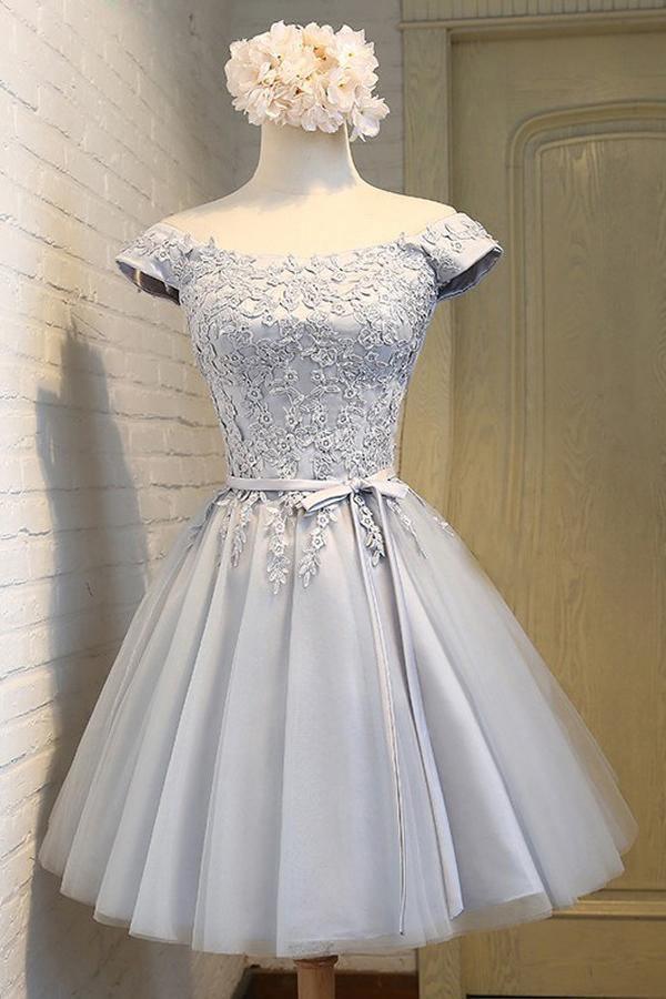 Vestido corto de tul gris sin mangas con hombros descubiertos y corte en A para baile de bienvenida PD139
