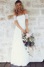 Robe de mariée bohème en dentelle, coupe trapèze, épaules dénudées, manches courtes, WD396