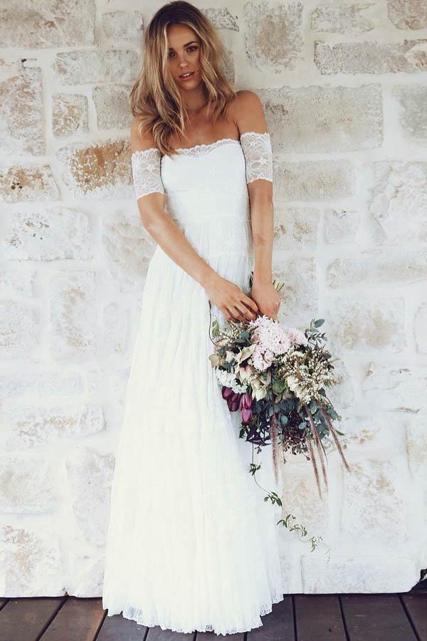 Vestido de novia bohemio de encaje, corte en A, hombros descubiertos y mangas cortas WD396