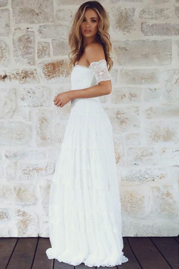Vestido de novia bohemio de encaje, corte en A, hombros descubiertos y mangas cortas WD396