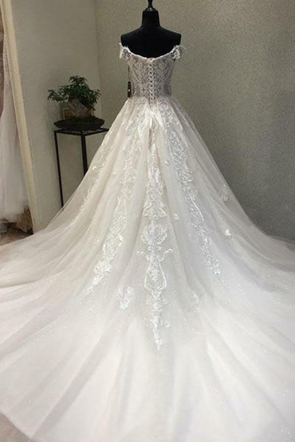 Robe de mariée trapèze à épaules dénudées et manches courtes ornée d'appliqués WD226