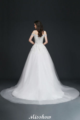 Vestidos de novia elegantes de tul con escote en A y hombros descubiertos con apliques