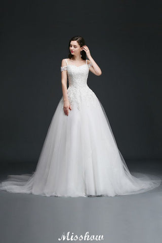 Vestidos de novia elegantes de tul con escote en A y hombros descubiertos con apliques