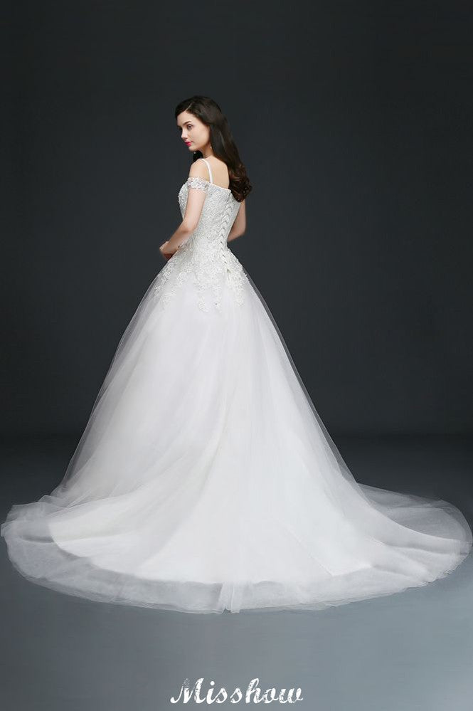 Vestidos de novia elegantes de tul con escote en A y hombros descubiertos con apliques