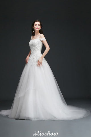 Vestidos de novia elegantes de tul con escote en A y hombros descubiertos con apliques
