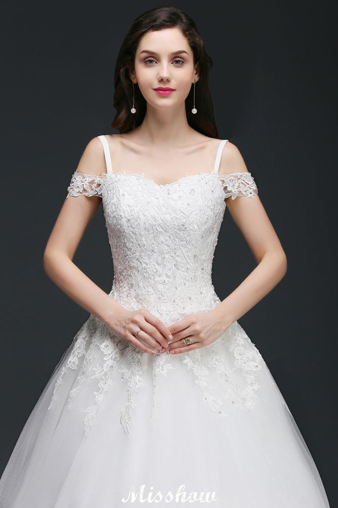 Vestidos de novia elegantes de tul con escote en A y hombros descubiertos con apliques