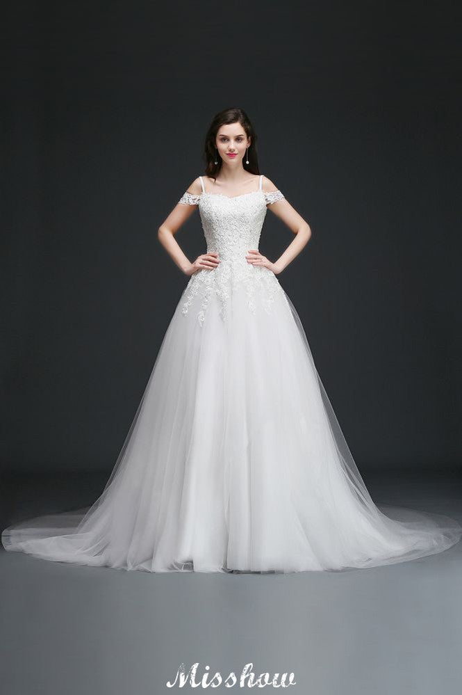 Vestidos de novia elegantes de tul con escote en A y hombros descubiertos con apliques
