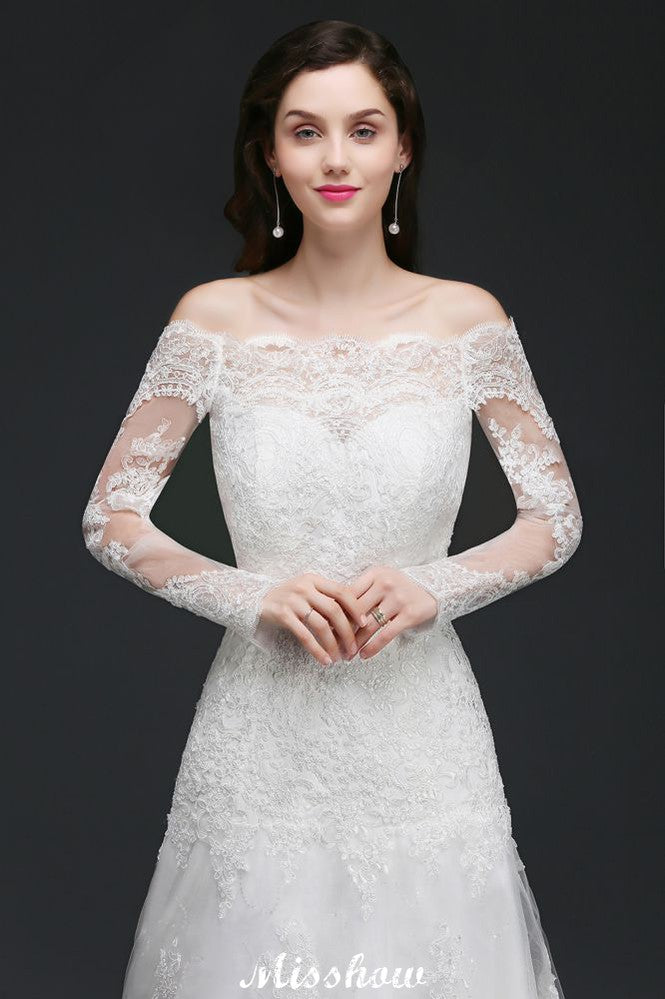 Vestidos de novia glamurosos de tul con escote en A y hombros descubiertos, con encaje