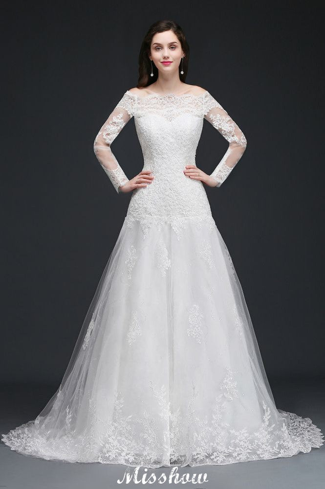 Vestidos de novia glamurosos de tul con escote en A y hombros descubiertos, con encaje