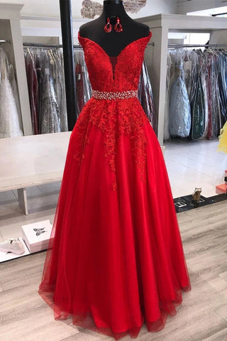 Vestidos de fiesta largos de tul y encaje con escote en A y hombros descubiertos, con cinturón, color rojo.