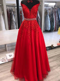 Vestidos de fiesta largos de tul y encaje con escote en A y hombros descubiertos, con cinturón, color rojo.