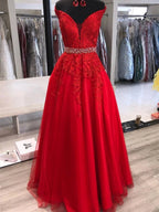 Vestidos de fiesta largos de tul y encaje con escote en A y hombros descubiertos, con cinturón, color rojo.
