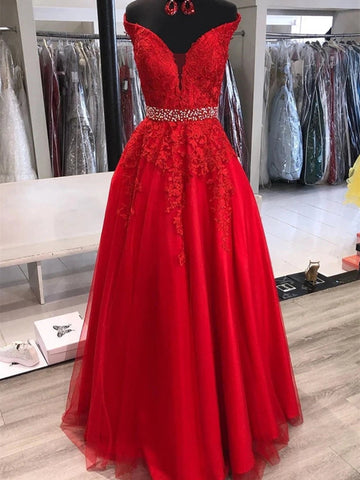 Vestidos de fiesta largos de tul y encaje con escote en A y hombros descubiertos, con cinturón, color rojo.