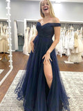 Vestido largo de noche de graduación, corte en A, tul con hombros descubiertos y abertura, ideal para ocasiones formales.