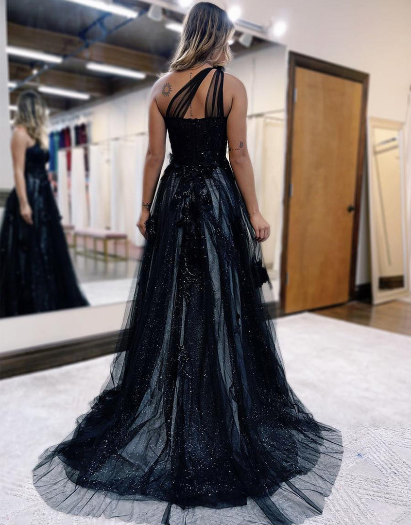 Vestido largo de fiesta negro de corte A con un solo hombro y apliques