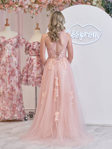 Robe de bal longue noire asymétrique à une épaule, coupe trapèze, ornée d'appliqués