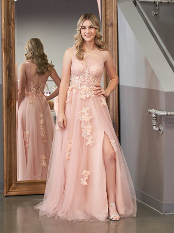 Robe de bal longue noire asymétrique à une épaule, coupe trapèze, ornée d'appliqués