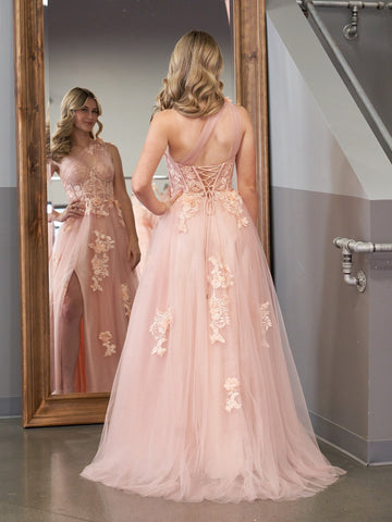 Robe de bal longue noire asymétrique à une épaule, coupe trapèze, ornée d'appliqués