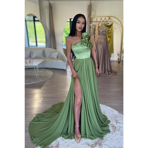 Vestido largo de fiesta formal de corte A con un solo hombro, estampado floral y abertura. 