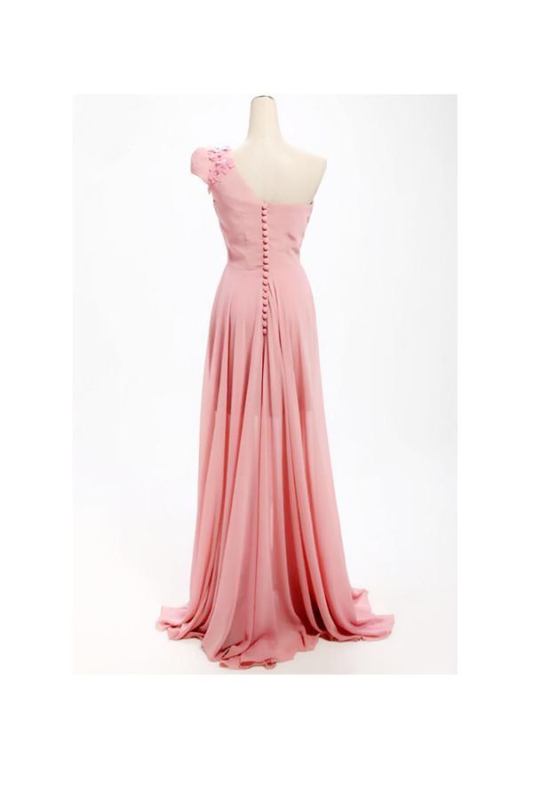 Vestido de dama de honor largo de gasa con un solo hombro y corte en A con flores BD017