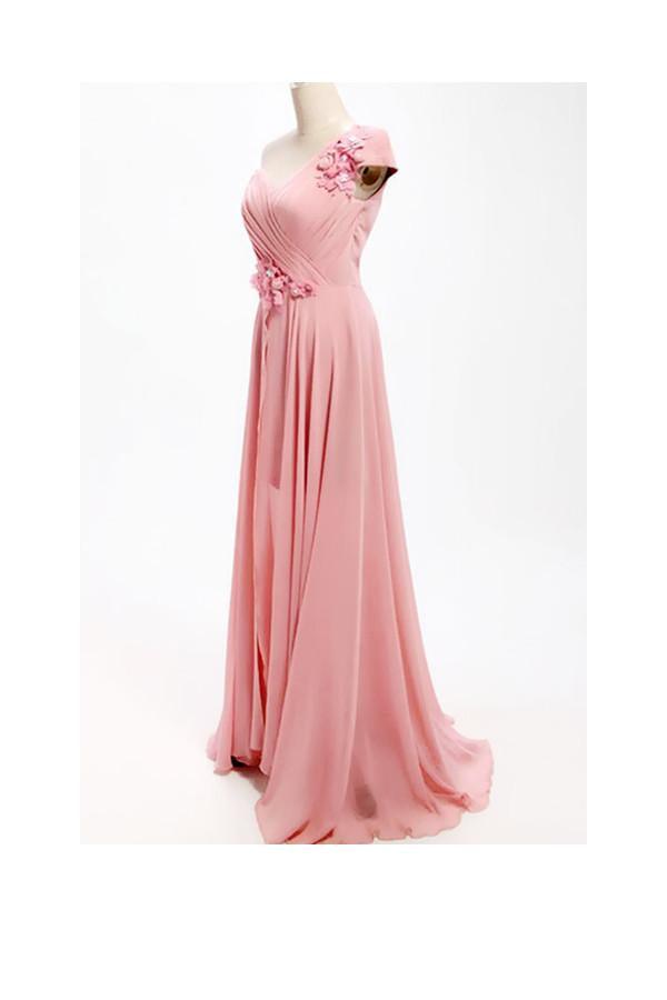 Vestido de dama de honor largo de gasa con un solo hombro y corte en A con flores BD017
