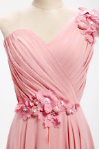 Vestido de dama de honor largo de gasa con un solo hombro y corte en A con flores BD017