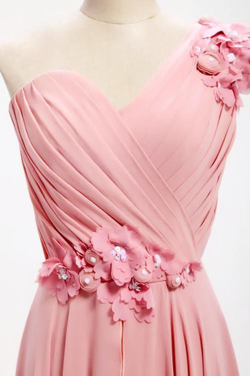 Vestido de dama de honor largo de gasa con un solo hombro y corte en A con flores BD017