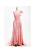 Vestido de dama de honor largo de gasa con un solo hombro y corte en A con flores BD017