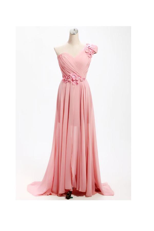 Vestido de dama de honor largo de gasa con un solo hombro y corte en A con flores BD017