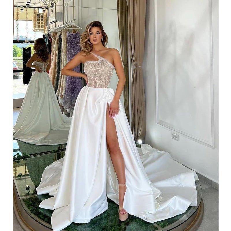 Vestidos de noche largos, formales, sexis, de un solo hombro y con abertura alta. 