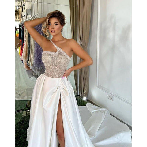 Vestidos de noche largos, formales, sexis, de un solo hombro y con abertura alta. 