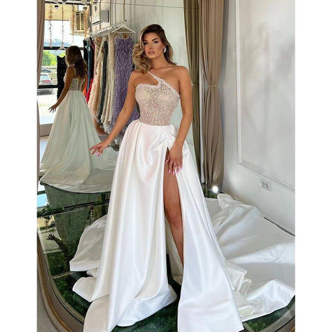 Vestidos de noche largos, formales, sexis, de un solo hombro y con abertura alta. 