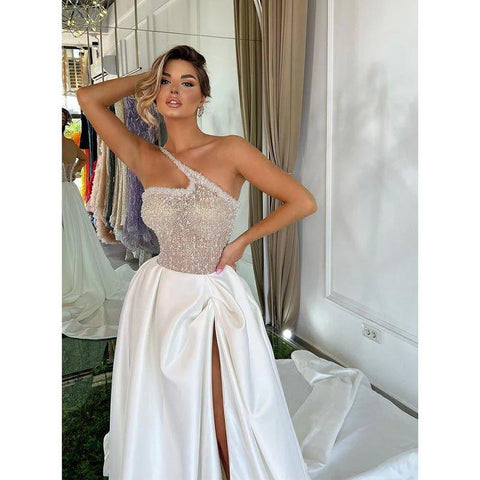 Vestidos de noche largos, formales, sexis, de un solo hombro y con abertura alta. 