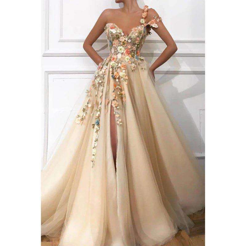 Vestido largo de fiesta de corte A con un solo hombro, apliques de tul y abertura