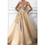 Vestido largo de fiesta de corte A con un solo hombro, apliques de tul y abertura