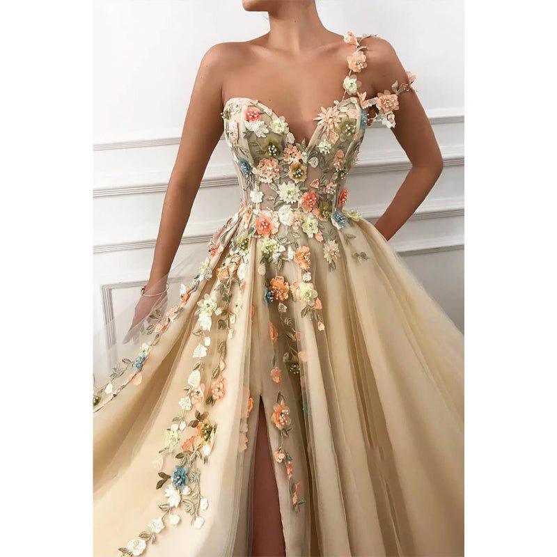 Vestido largo de fiesta de corte A con un solo hombro, apliques de tul y abertura
