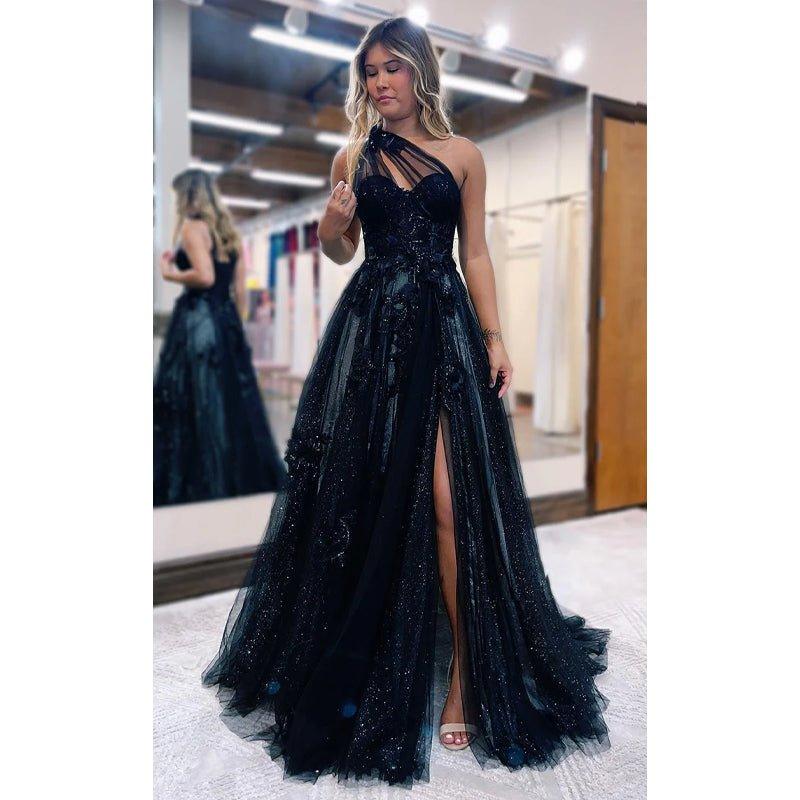 Vestido de fiesta brillante con apliques de un solo hombro y corte en A