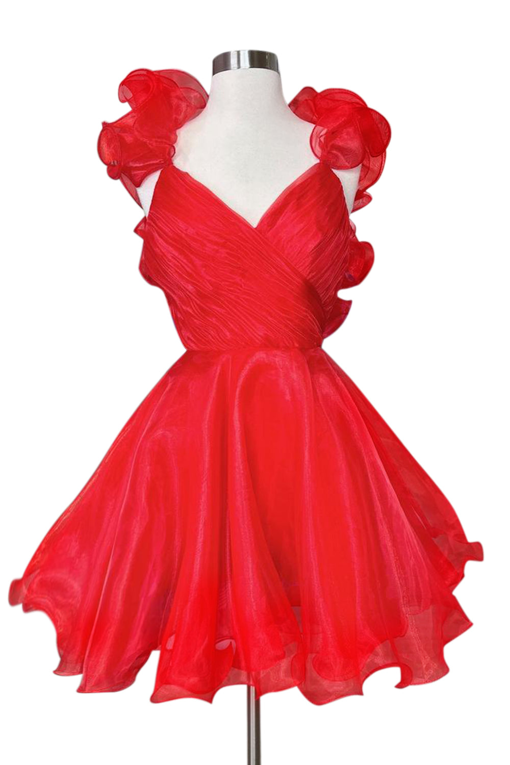 Vestido de fiesta de línea A de organza con escote en V